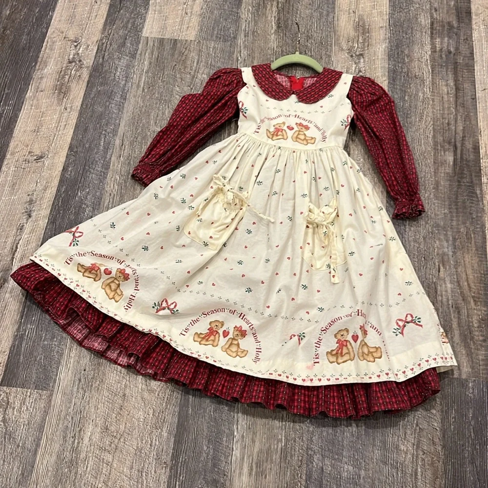 Vintage Daisy Kingdom Girls Dress Red Cream Long Sleeve Size 5/6